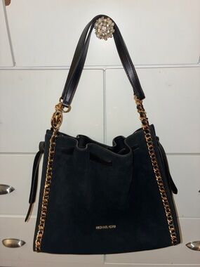 Michael Kors Black Suede Shoulder Bag with Gold Chain Trim